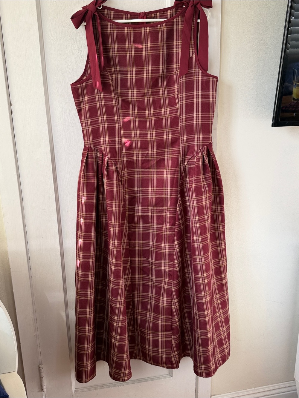 SHEIN Burgundy Plaid Tie-Shoulder Fit-and-Flare Dress with Cream Stripes